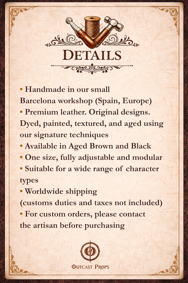 Pu&ograve; includere: Annuncio in stile vintage con la parola "DETAILS" in un carattere decorativo. Il testo descrive prodotti in pelle fatti a mano, disponibili in marrone invecchiato e nero, con design originali e taglie regolabili. Il logo Outcast Props &egrave; in basso.