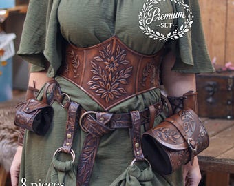 Ren Faire Costume Women Corset Set Gift for her Outfit LARP Fantasy Costume Leather Accessories medieval leather belt pouch renaissance fair