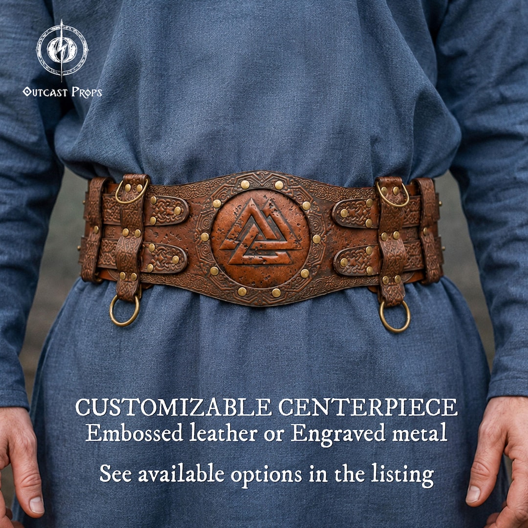 Leather Viking Wide Belt Valknut Custom Centerpiece Medieval LARP