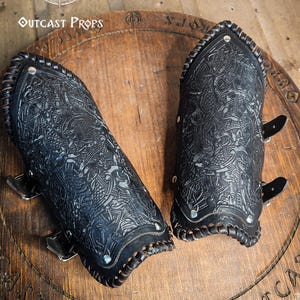 Viking Leather Bracer for LARP Armour Cosplay Renaissance Fair Gift Tooled Norse Armor Celtic Knot Vambrace for Men or Women Costume Armor
