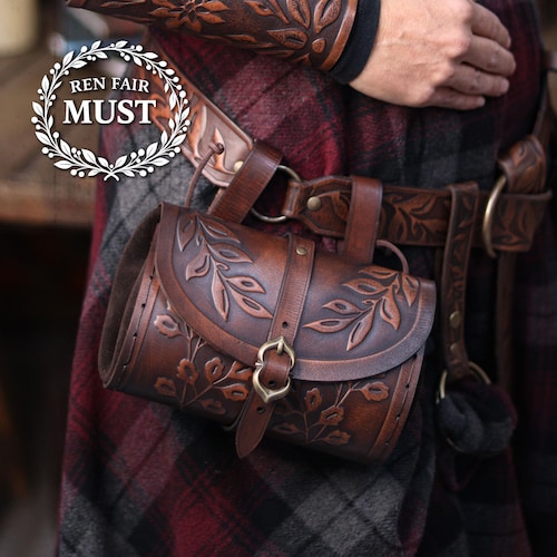 Floral Medieval Leather Hip Bag Pouch Embossed and weathered in a vintage style for faires cosplay fantasy or steampunk costume