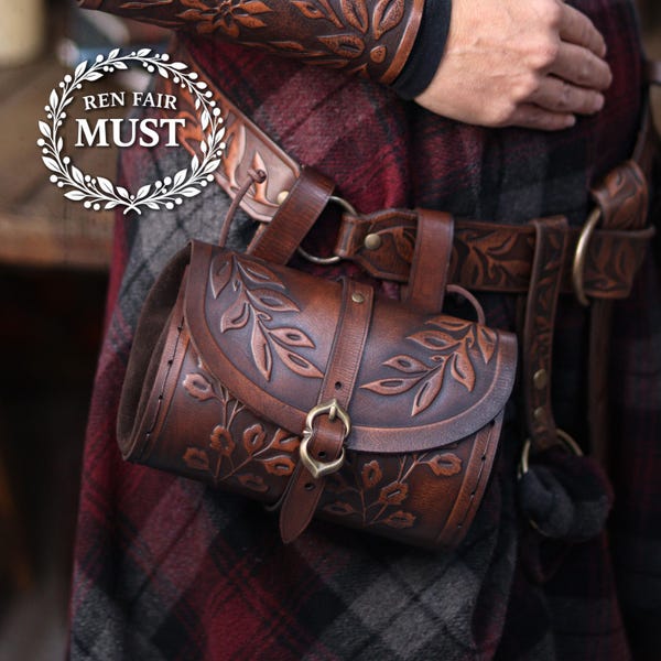 Floral Medieval Leather Hip Bag Pouch Embossed and weathered in a vintage style  for faires  cosplay  fantasy or steampunk costume