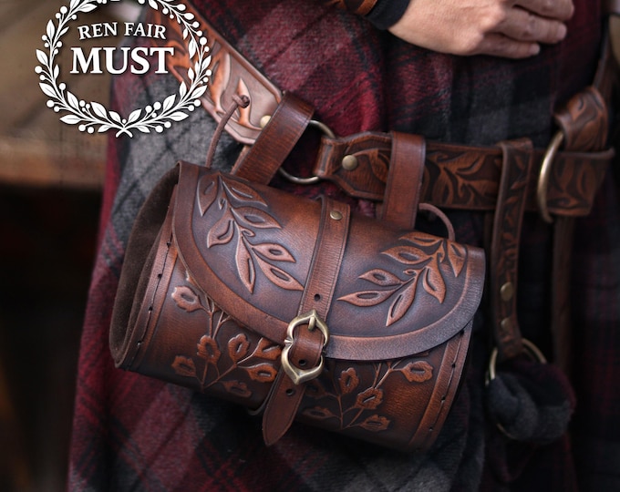 Floral Medieval Leather Hip Bag Pouch Embossed and weathered in a vintage style for faires cosplay fantasy or steampunk costume