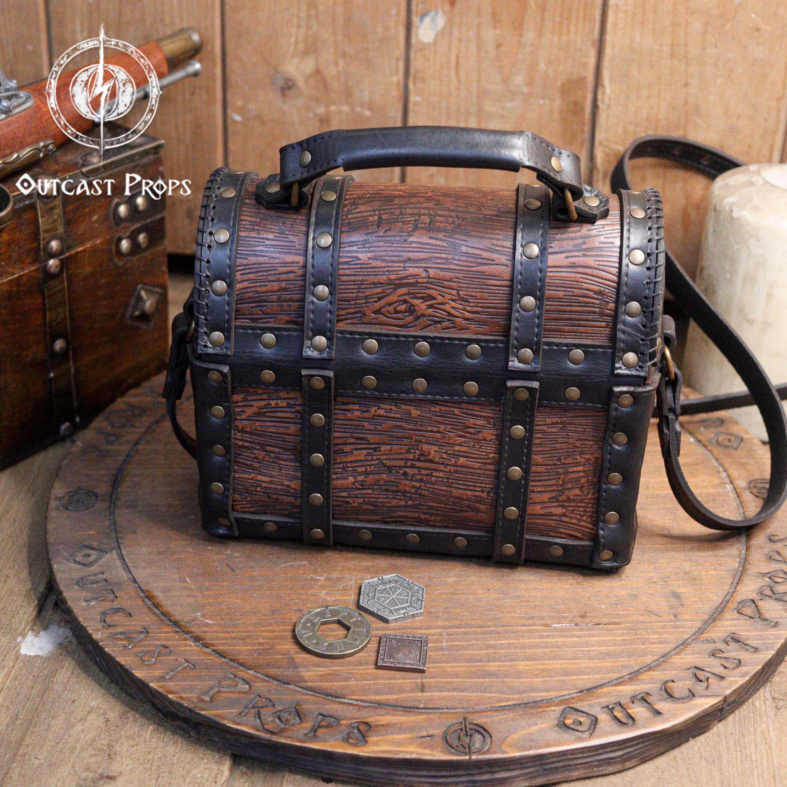 革製の宝箱、海賊のチェストバッグ、LARP海賊バックパック、宝箱の財布