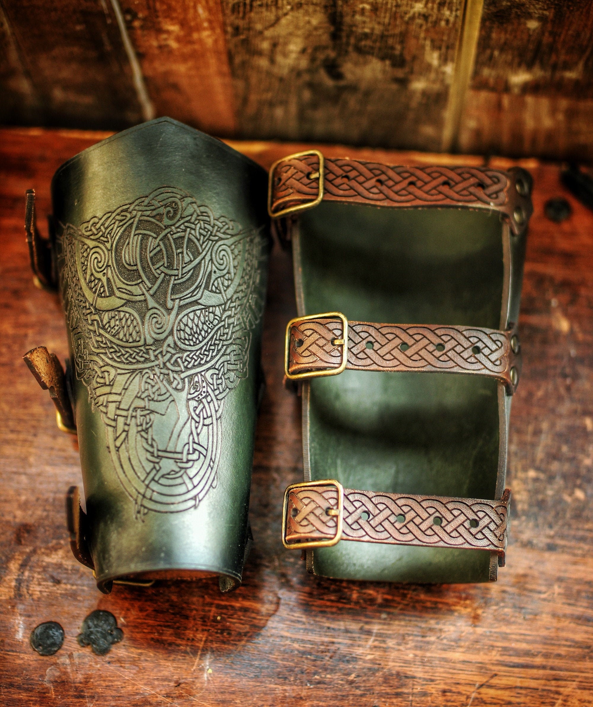 Celtic Druid Leather Pair of Vambraces for Larps or Cosplay. Quality  Carving Leather Armor and Beautiful Celtic Knot Design 