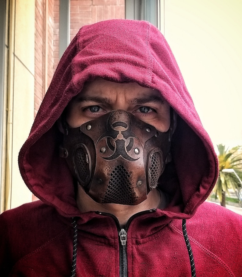 Leather Face Mask with filter pocket Biohazard sign Post Apocalyptic mask for use with disposable face masks Paper towel or filter