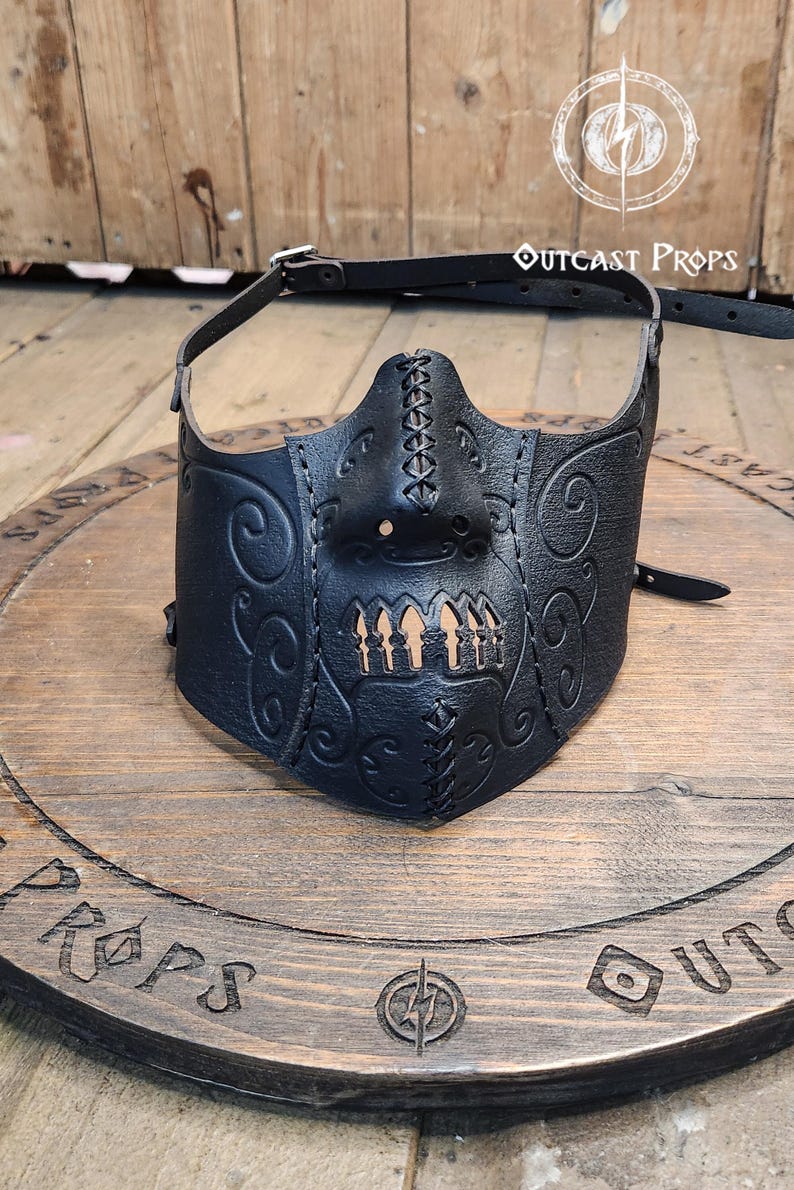 Death Wizard Leather Mask M1 Handcrafted Mask for Dark mages witches and powerful sorcerers with Intricate Details and Metallic Finish Black