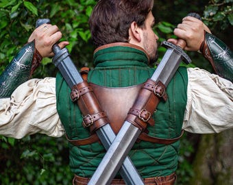 Leather Back Sword Harness Dual Weapon Scabbard LARP Back Scabbard Cosplay Shoulder Sword Holder Fantasy Warrior Gear