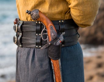 Embossed Leather Flintlock Holster Pirate Pistol Holder Small Sword Frog LARP Cross Draw Belt Holster Renaissance Faire Costume Accessory