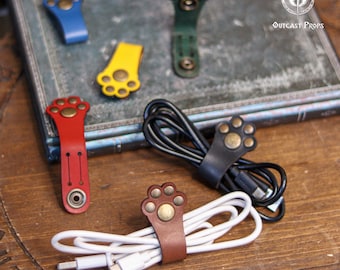 Paw cable organizer cat lover gift fantasy Leather handmade cord organizer for desk setup cute cord earphone holder travel tech accessories