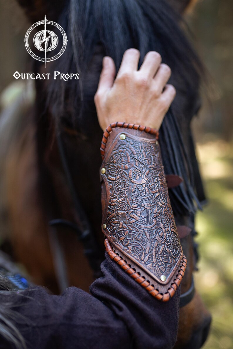 Viking Leather Bracers with Norse Knot Engraving for LARP Cosplay Medieval Fantasy Roleplay Handmade Armor Custom Gear for Men or Women