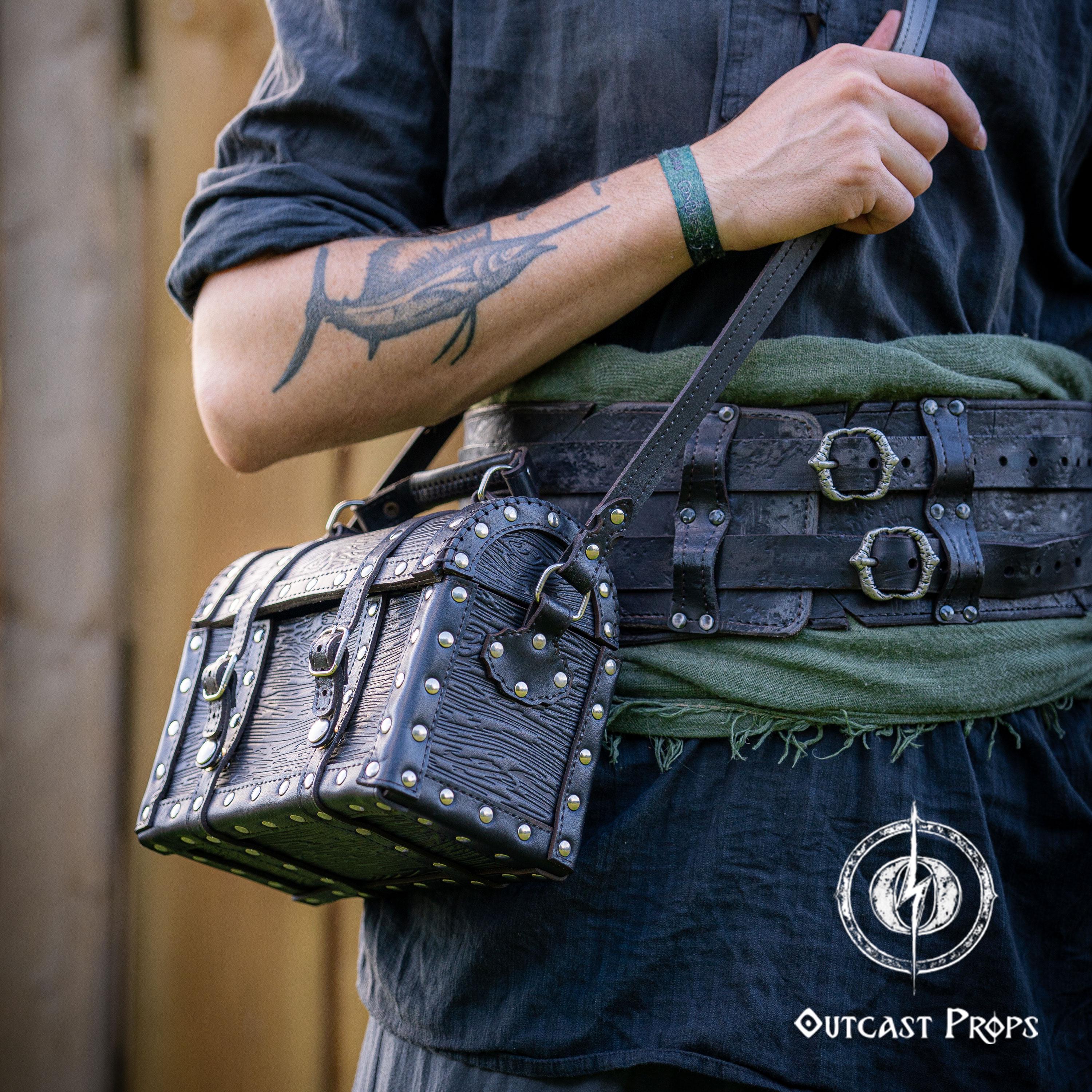 革製の宝箱、海賊のチェストバッグ、LARP海賊バックパック、宝箱の財布