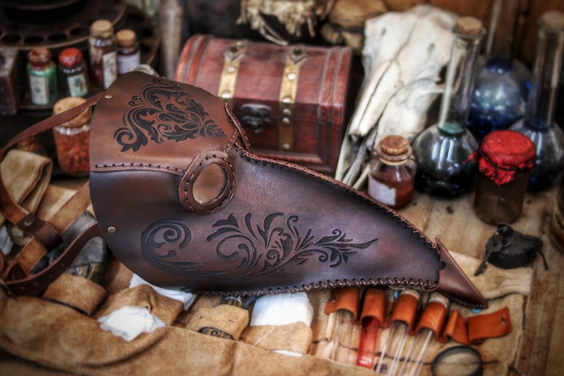 Plague Doctor Mask Long Nose Bird Mask with Floral engravings Steampunk costume full-grain leather LARP medieval assassin alchemist cosplay image 8