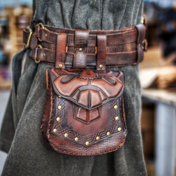 Aged Leather Hip Bag Belt Bag for Larp Medieval Purse 