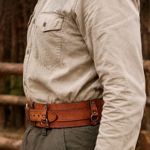 May include: A wide, tan leather belt featuring two horizontal straps, metal D-rings, and rivets. The belt is worn over dark olive trousers and a beige button-down shirt. The text "OUTCAST PROPS" is visible in the upper right corner of the image.