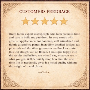 May include: A sepia-toned graphic featuring the words "CUSTOMERS FEEDBACK" above four gold stars. The text below details a customer's positive review of a product, highlighting its sturdy build and intricate design.