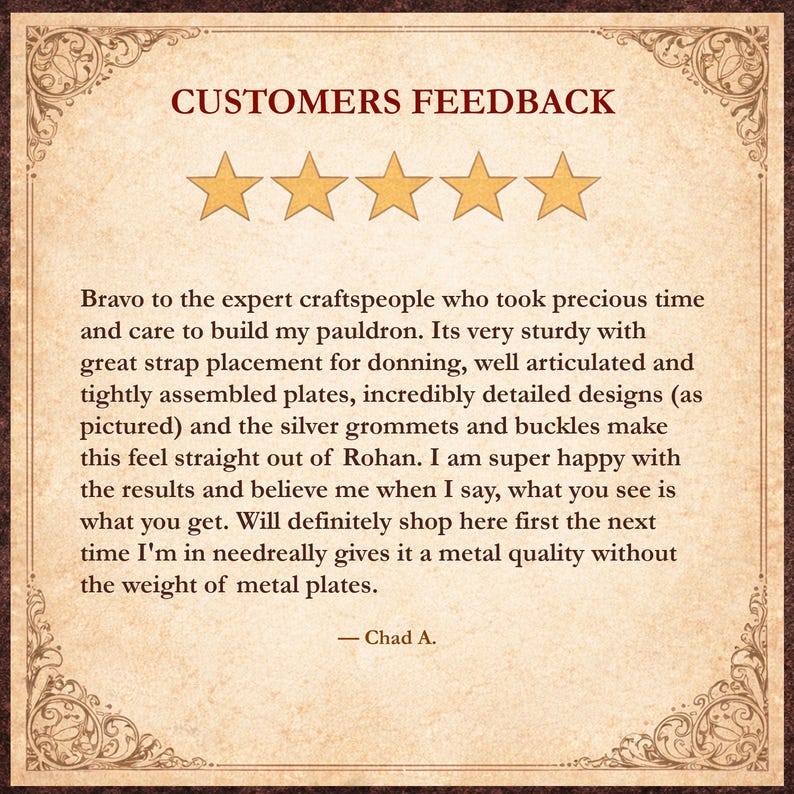 May include: A sepia-toned graphic featuring the words "CUSTOMERS FEEDBACK" above four gold stars. The text below details a customer's positive review of a product, highlighting its sturdy build and intricate design.