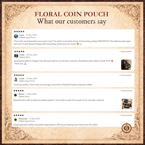 Puede incluir: Imagen promocional con el texto "FLORAL COIN POUCH" y rese&ntilde;as de clientes. Las rese&ntilde;as destacan la calidad y la artesan&iacute;a del producto. La imagen tambi&eacute;n incluye el logotipo de "OUTCAST PROPS".