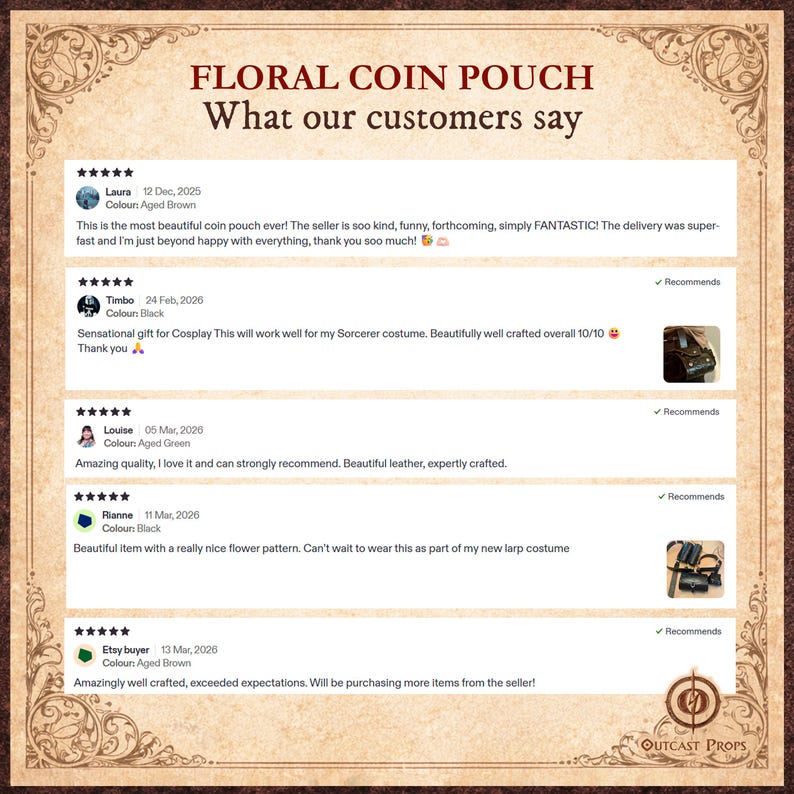 Puede incluir: Imagen promocional con el texto "FLORAL COIN POUCH" y rese&ntilde;as de clientes. Las rese&ntilde;as destacan la calidad y la artesan&iacute;a del producto. La imagen tambi&eacute;n incluye el logotipo de "OUTCAST PROPS".