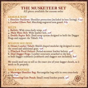 May include: A vintage-style sign advertising "THE MUSKETEER SET", with details of armour, belts, weapon holders, and bags. The text lists items like shoulder pauldrons, leather elbow pads, and messenger bags, all available for custom order. Measurements are in euros.