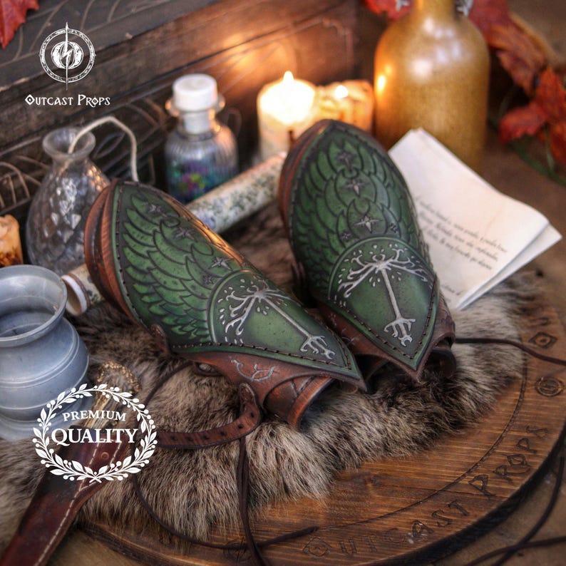 Gondor inspired bracers | Fantasy LARP, cosplay, medieval armor, ranger accessory - handmade of High quality Leather and beautifully aged. Aragorn, Boromir, Faramir. LOTR leather bracers. White tree leather bracers fantasy ranger armor LARP bracers medieval cosplay accessory elven warrior costume gear embossed vambraces