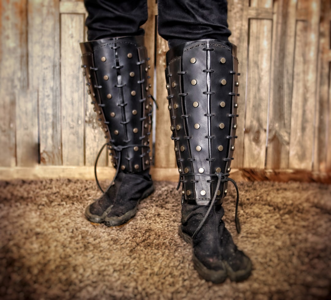 Samurai Leather Greaves Studded Shin Guards, Larp or Cosplay Leather