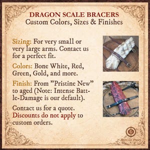 May include: An advertisement for Dragon Scale Bracers, offering custom colors, sizes, and finishes. The text highlights sizing options for various arm sizes, color choices like bone white, red, and gold, and finish options from new to aged. Two bracers are shown.