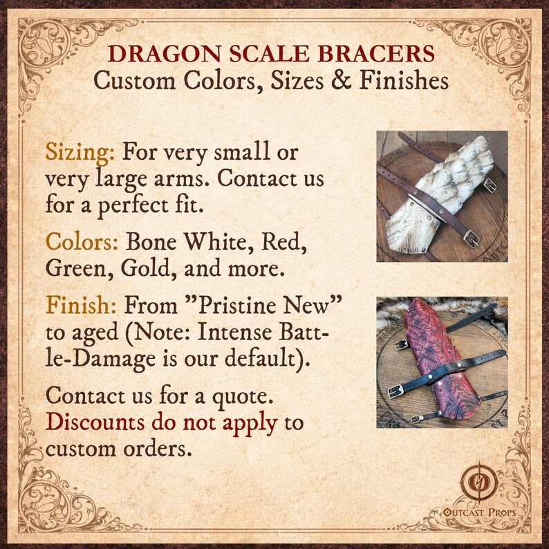 May include: An advertisement for Dragon Scale Bracers, offering custom colors, sizes, and finishes. The text highlights sizing options for various arm sizes, color choices like bone white, red, and gold, and finish options from new to aged. Two bracers are shown.