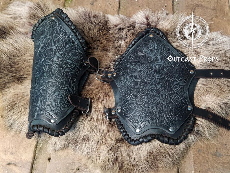 Viking Leather Bracer for LARP Armour Cosplay Renaissance Fair Gift Tooled Norse Armor Celtic Knot Vambrace for Men or Women Costume Armor