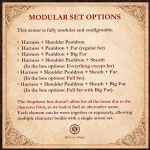 Pu&ograve; includere: Grafica color pergamena con il titolo "MODULAR SET OPTIONS" e un elenco di configurazioni di armature. Il testo descrive la natura modulare dell'armatura, con opzioni tra cui imbracatura, spallacci, pelliccia e guaine. Il logo Outcast Props &egrave; in basso.