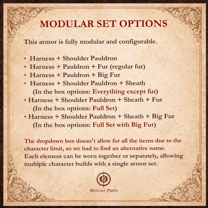 Pu&ograve; includere: Grafica color pergamena con il titolo "MODULAR SET OPTIONS" e un elenco di configurazioni di armature. Il testo descrive la natura modulare dell'armatura, con opzioni tra cui imbracatura, spallacci, pelliccia e guaine. Il logo Outcast Props &egrave; in basso.