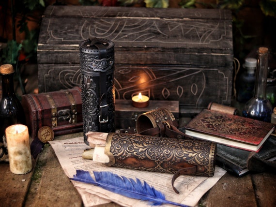 Ornated Leather Scroll Case: Exquisite Document Tube for