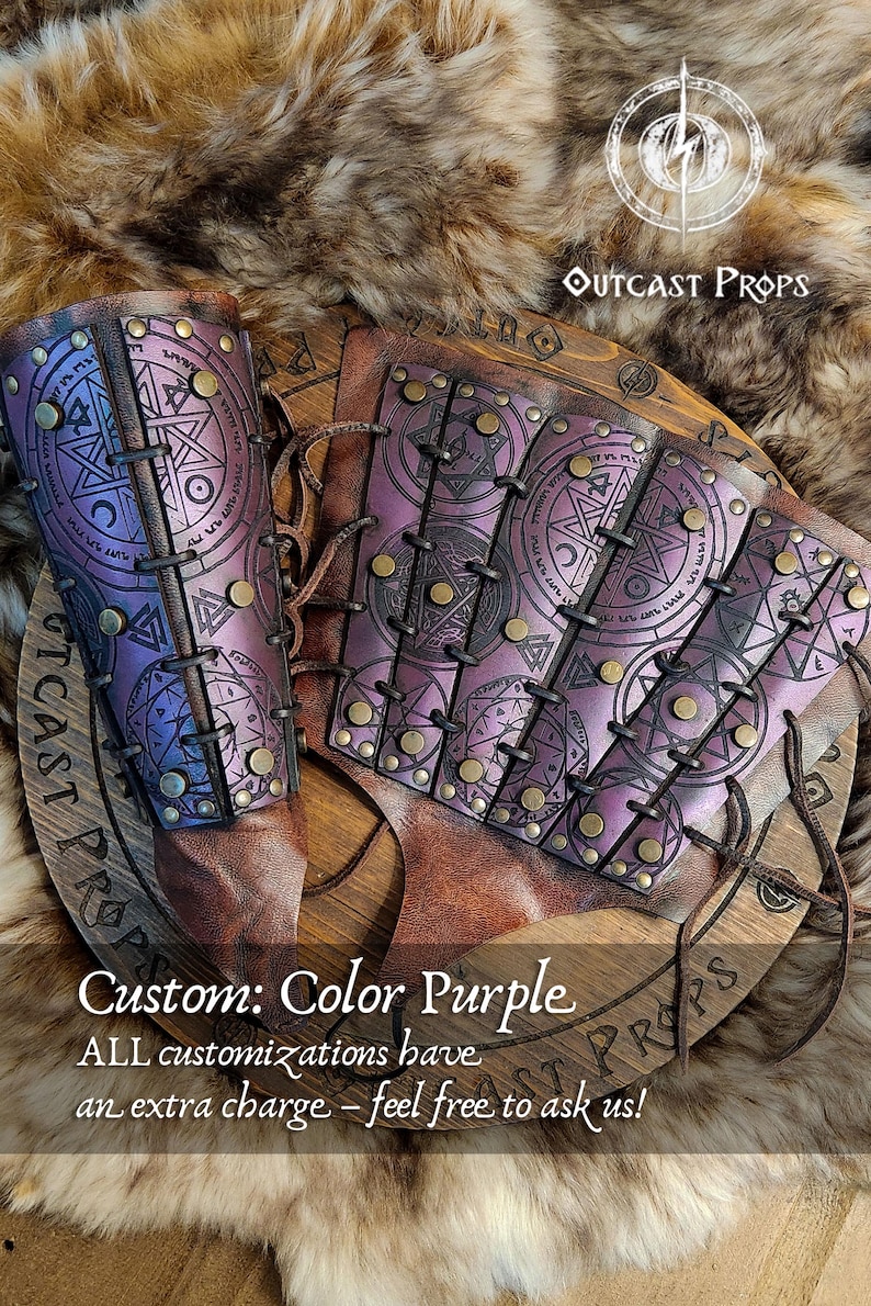 Close-up of purple demon hunter leather bracer worn on a male arm, showing tied leather cords and engraved symbols of protection. Ideal for LARP spellcasters, cultist costumes or witch cosplay. Made from durable leather, dyed and painted by hand for fantasy realism. A comfortable, adjustable accessory that combines dark mysticism with functional design.