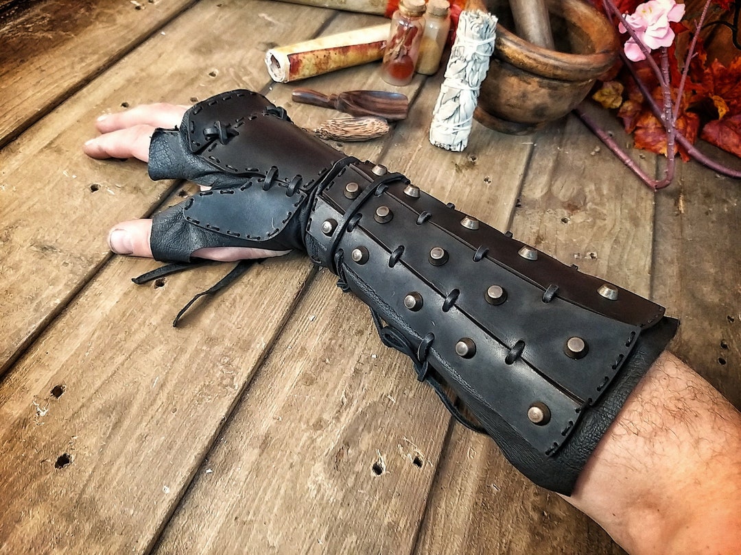 Samurai Leather Bracers Larp or Cosplay Leather and Metal Pair of