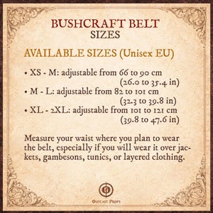 May include: A beige informational chart titled BUSHCRAFT BELT SIZES listing unisex EU sizes: XS-M adjustable from 26.0 to 35.4 inches, M-L from 32.3 to 39.8 inches, and XL-2XL from 39.8 to 47.6 inches, with instructions to measure your waist.