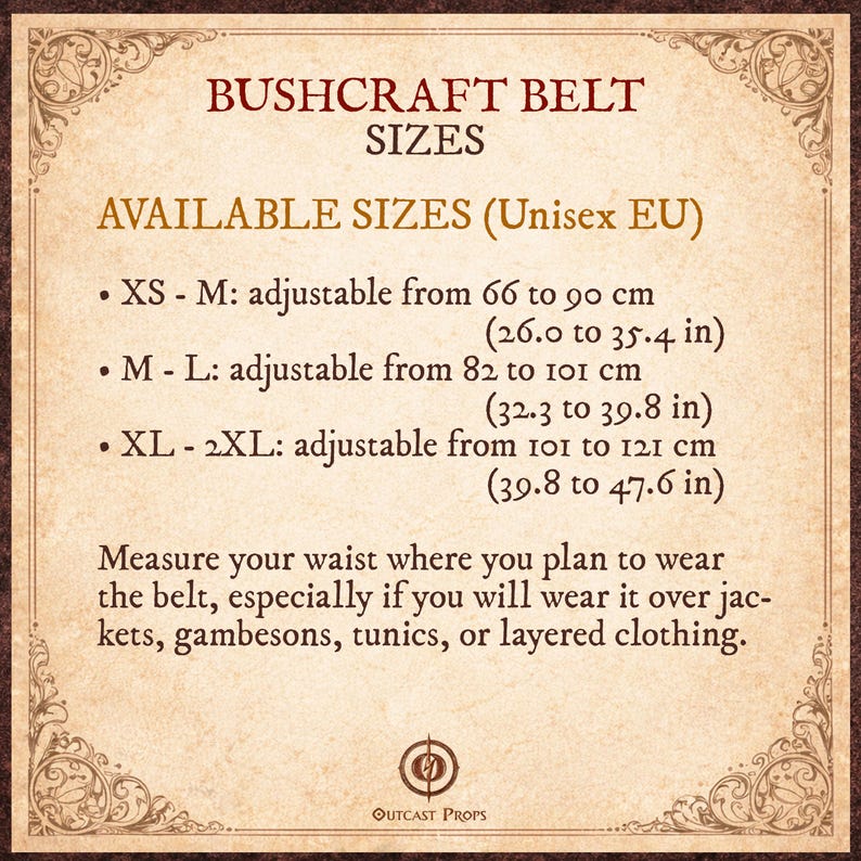 May include: A beige informational chart titled BUSHCRAFT BELT SIZES listing unisex EU sizes: XS-M adjustable from 26.0 to 35.4 inches, M-L from 32.3 to 39.8 inches, and XL-2XL from 39.8 to 47.6 inches, with instructions to measure your waist.