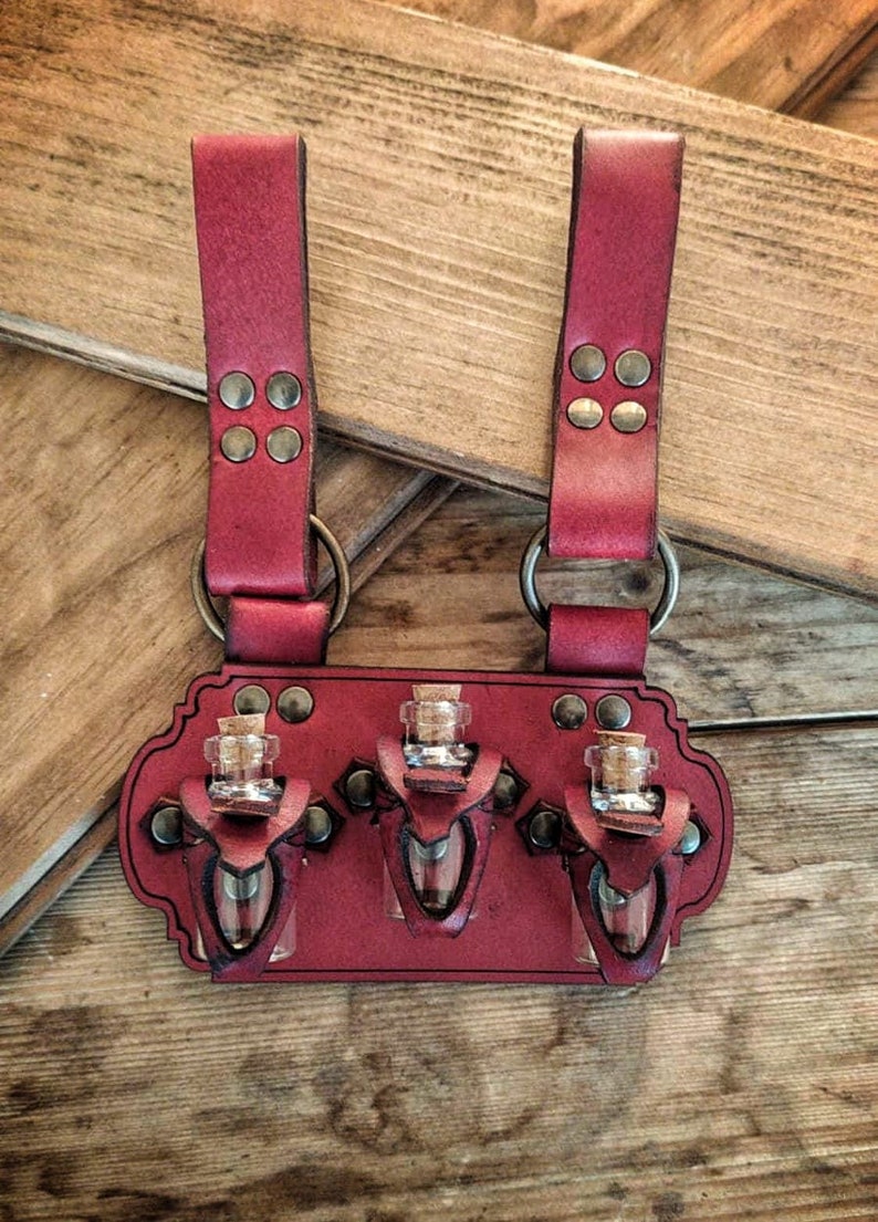 Leather Belt Potion holder for 3 small bottles. Made of Etsy