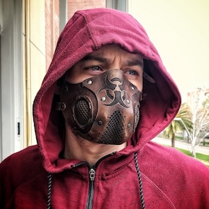Leather Face Mask with filter pocket Biohazard sign Post Apocalyptic mask for use with disposable face masks Paper towel or filter