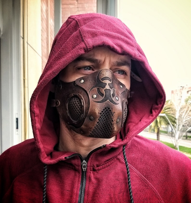 Leather Face Mask with filter pocket Biohazard sign Post Apocalyptic mask for use with disposable face masks Paper towel or filter
