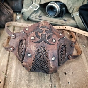Leather Face Mask with filter pocket Biohazard sign Post Apocalyptic mask for use with disposable face masks Paper towel or filter