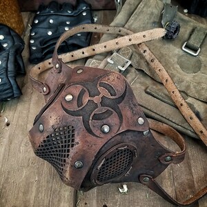 Leather Face Mask with filter pocket Biohazard sign Post Apocalyptic mask for use with disposable face masks Paper towel or filter