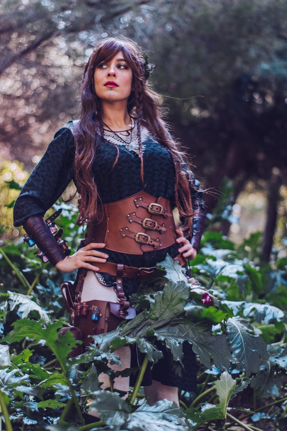 Brown Pirate Corset Dress Steampunk Leather Overbust Corset Top