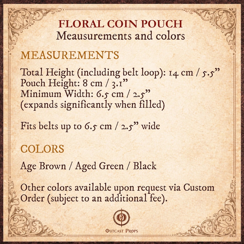 Puede incluir: Imagen beige con texto que describe una bolsa de monedas floral. Las medidas incluyen: altura total 14 cm, altura de la bolsa 8 cm, ancho m&iacute;nimo 6,5 cm. Los colores disponibles son marr&oacute;n envejecido, verde envejecido y negro.