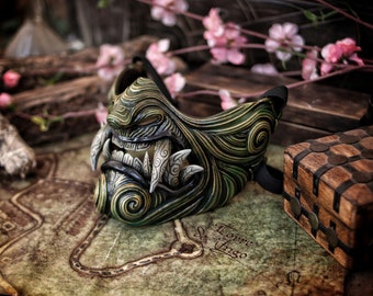 Maschera Samurai Oni Mempo, modello originale look metallico dipinto a mano Eleganza per Cosplay, LARP e collezionisti.