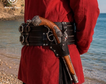Basic Leather Flintlock Holster Medium Pirate Pistol Holder Cross Draw Belt Rig LARP Cosplay Steampunk Buccaneer Privateer Costume Gear