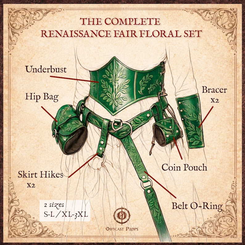 Puede incluir: Conjunto floral completo para la Feria Renacentista en verde. Incluye un underbust, una bolsa de cadera, alzas de falda, brazales y una bolsa para monedas. Disponible en tallas S-L y XL-3XL. Dise&ntilde;o floral. Outcast Props.