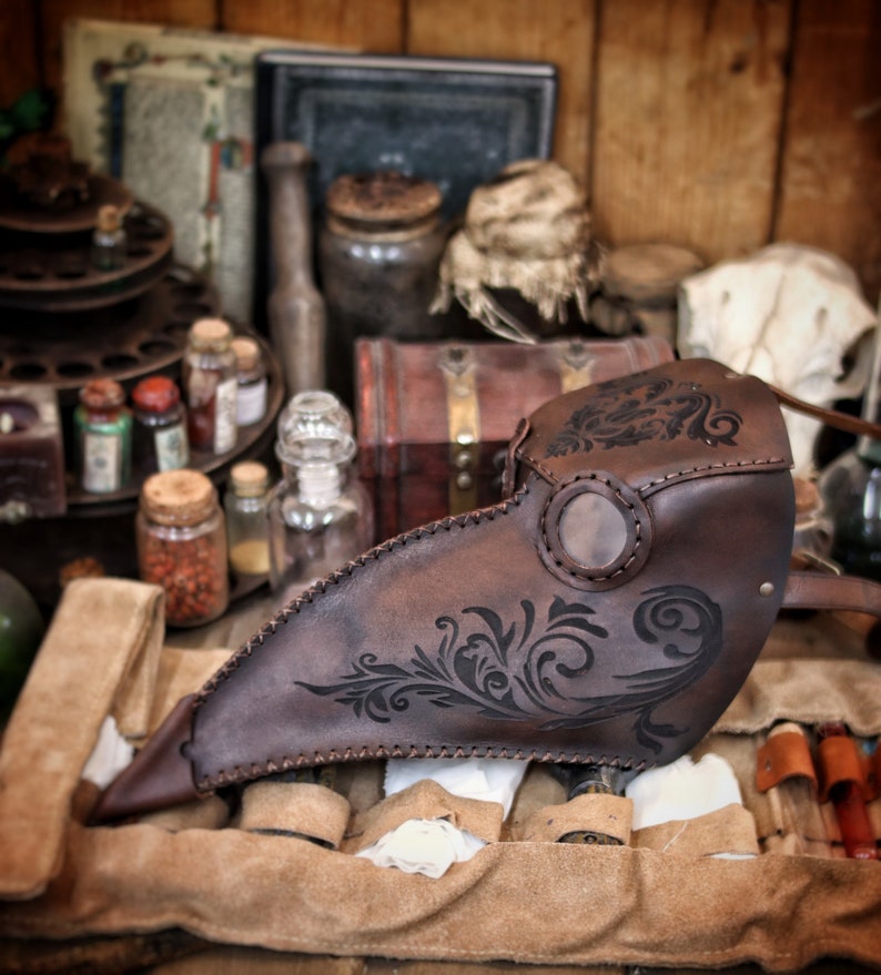 Plague Doctor Mask Long Nose Bird Mask with Floral engravings Steampunk costume full-grain leather LARP medieval assassin alchemist cosplay image 6