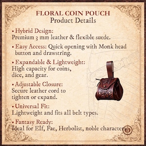 Puede incluir: Una bolsa de monedas floral de cuero marr&oacute;n con una correa, con dise&ntilde;os florales en relieve. Los detalles del producto incluyen un dise&ntilde;o h&iacute;brido, f&aacute;cil acceso, expandible, cierre ajustable y ajuste universal. El texto en la imagen dice "FLORAL COIN POUCH".