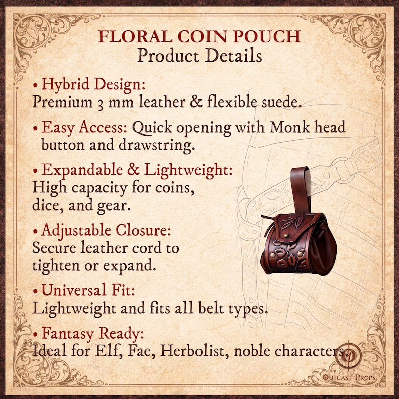 Puede incluir: Una bolsa de monedas floral de cuero marr&oacute;n con una correa, con dise&ntilde;os florales en relieve. Los detalles del producto incluyen un dise&ntilde;o h&iacute;brido, f&aacute;cil acceso, expandible, cierre ajustable y ajuste universal. El texto en la imagen dice "FLORAL COIN POUCH".