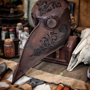 Plague Doctor Mask Long Nose Bird Mask with Floral engravings Steampunk costume full-grain leather LARP medieval assassin alchemist cosplay image 5